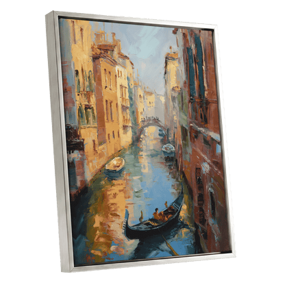 Golden Canal Passage, blue, orange, brown abstract wall art shown as a silver framed canvas wall art
