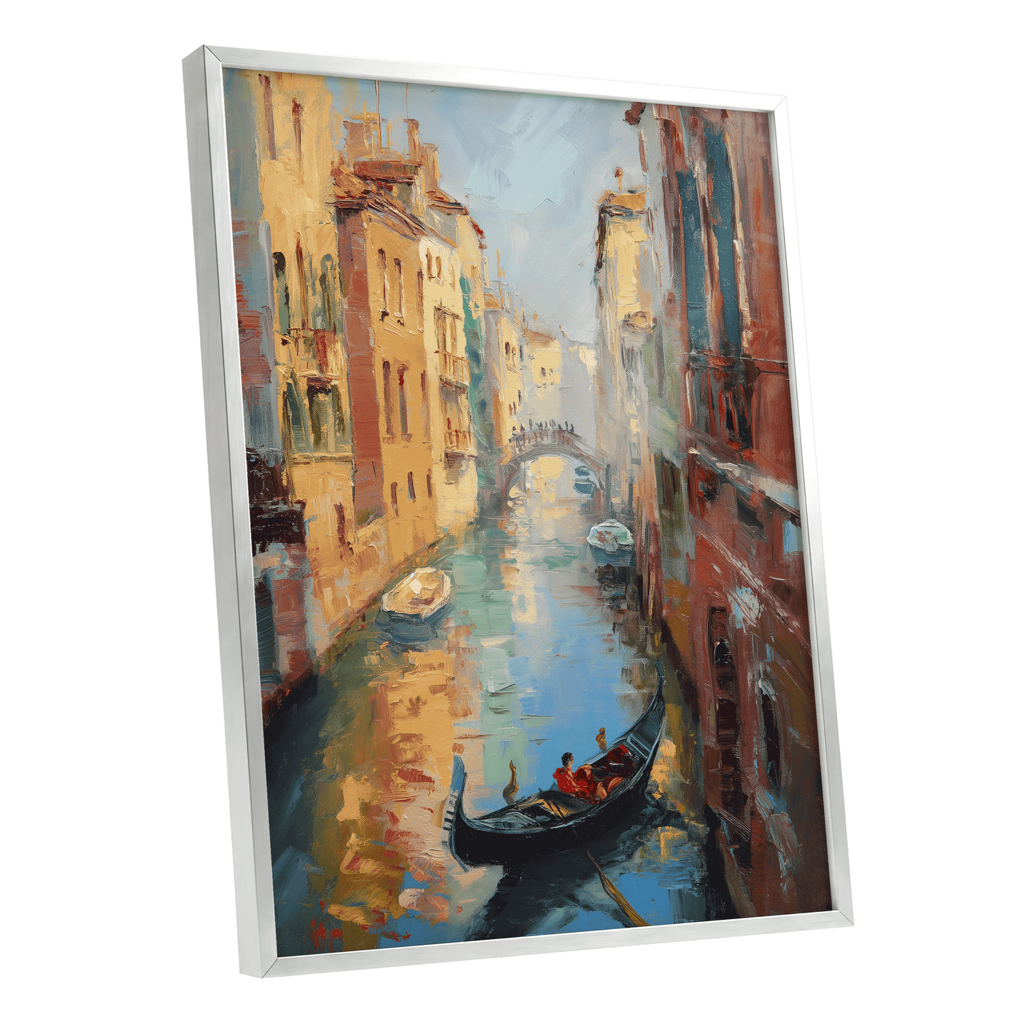 Golden Canal Passage, blue, orange, brown abstract wall art shown as a silver framed poster wall art print