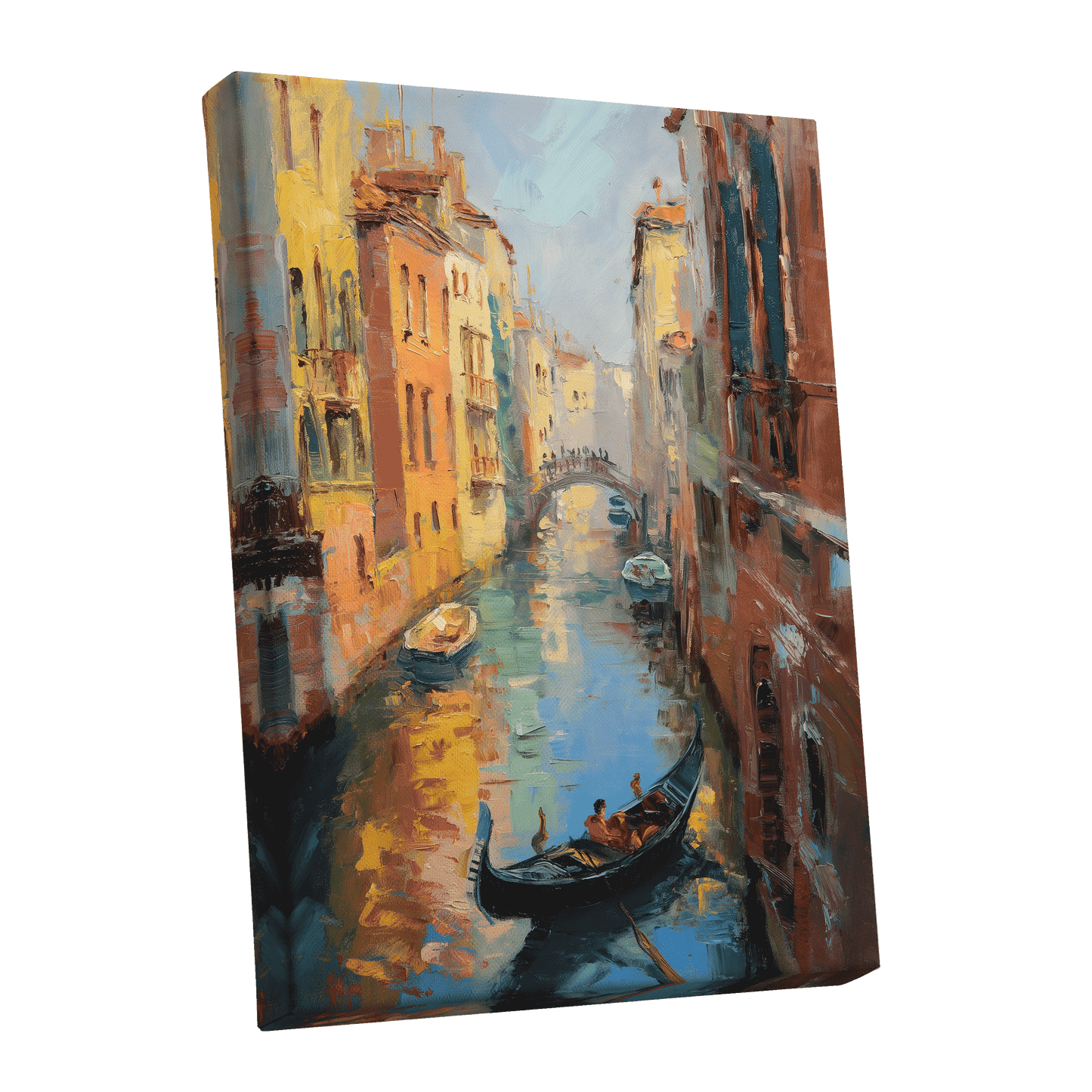 Golden Canal Passage, blue, orange, brown abstract wall art shown as a stretched canvas wall art
