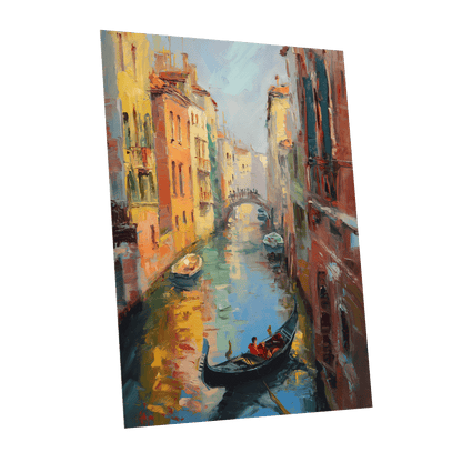 Golden Canal Passage, blue, orange, brown abstract wall art shown as a unframed poster wall art print