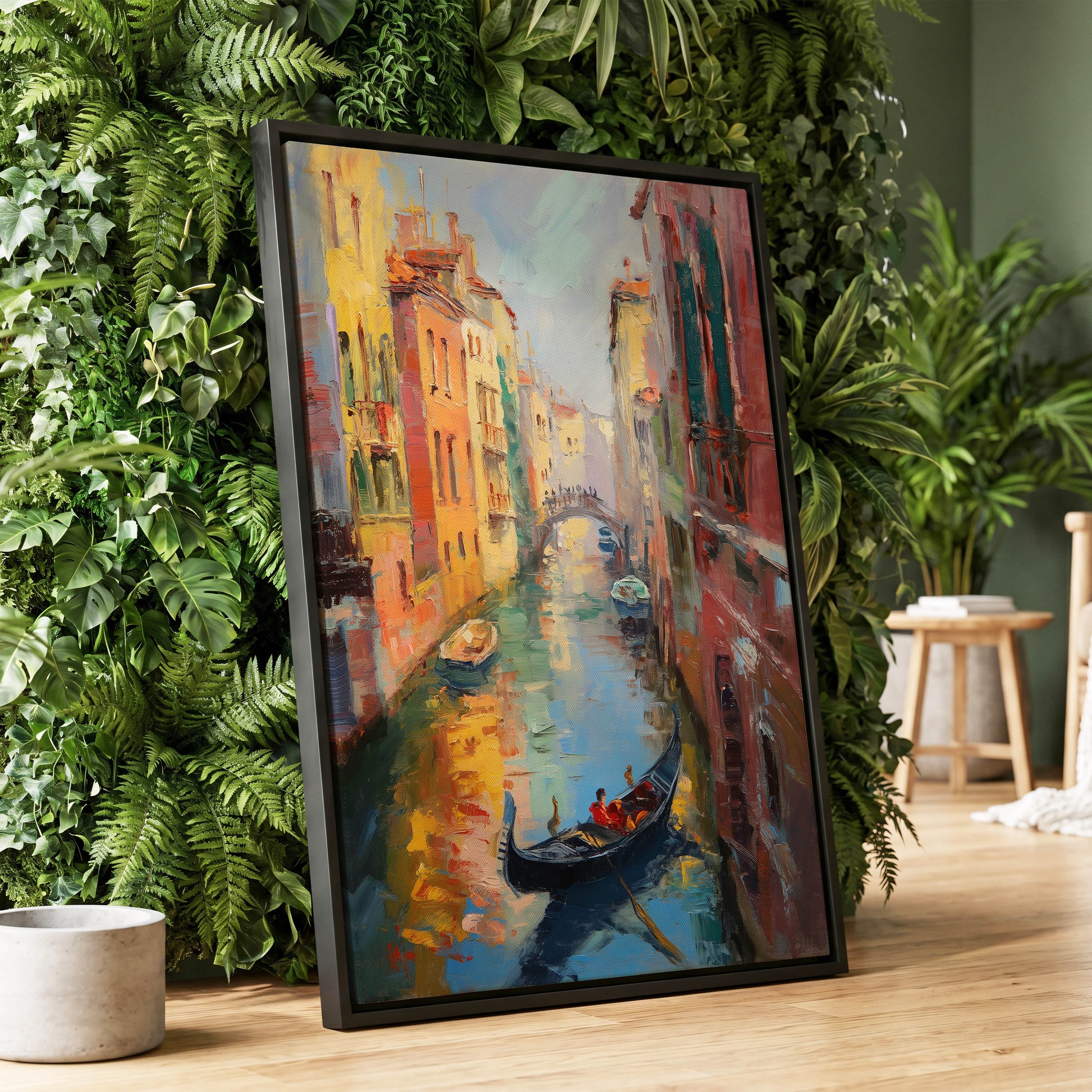 Golden Canal Passage, blue, orange, brown abstract wall art displayed in a styled interior, gallery view 1