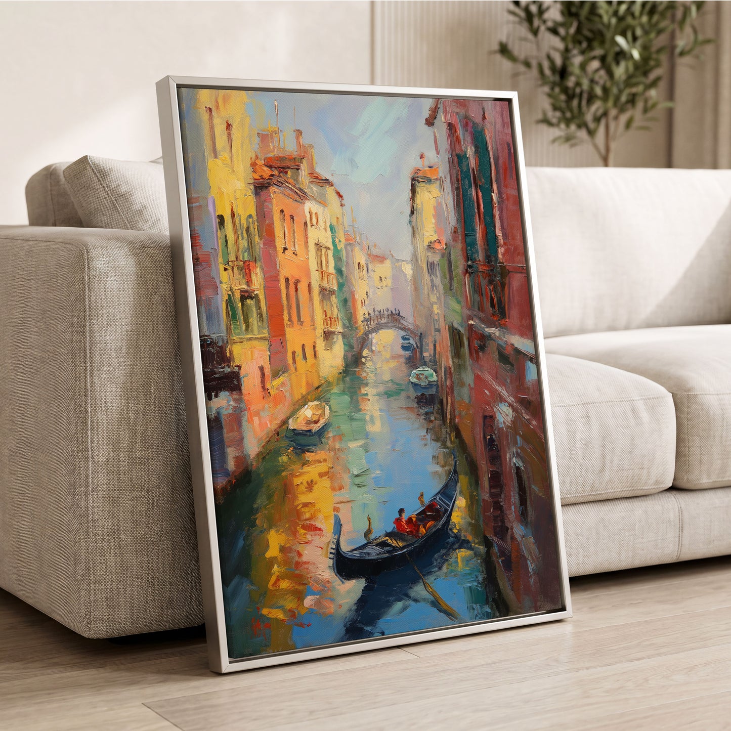 Golden Canal Passage, blue, orange, brown abstract wall art displayed in a styled interior, gallery view 2