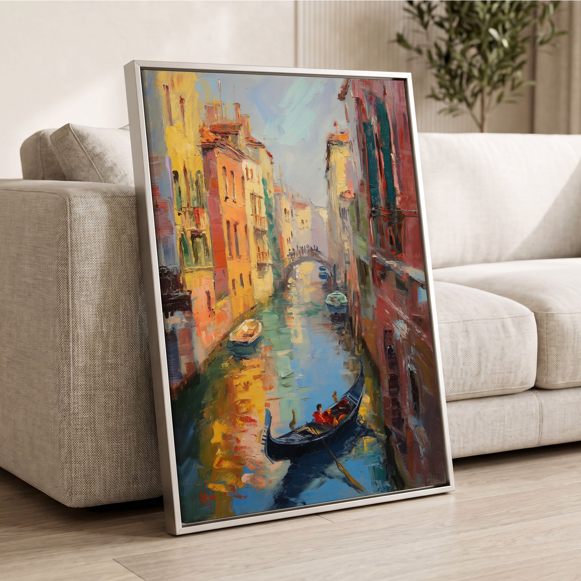 Golden Canal Passage, blue, orange, brown abstract wall art displayed in a styled interior, gallery view 2