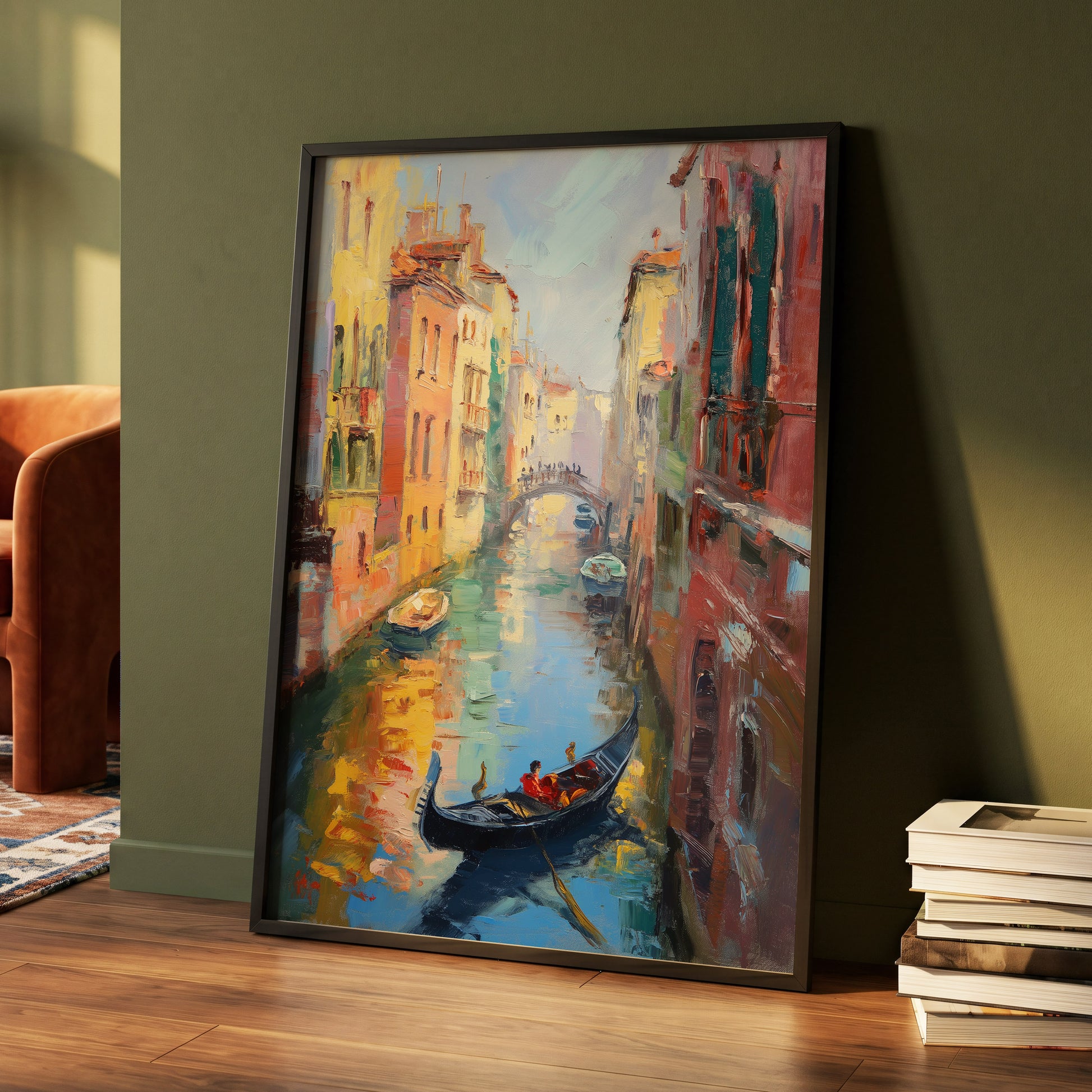 Golden Canal Passage, blue, orange, brown abstract wall art displayed in a styled interior, gallery view 4