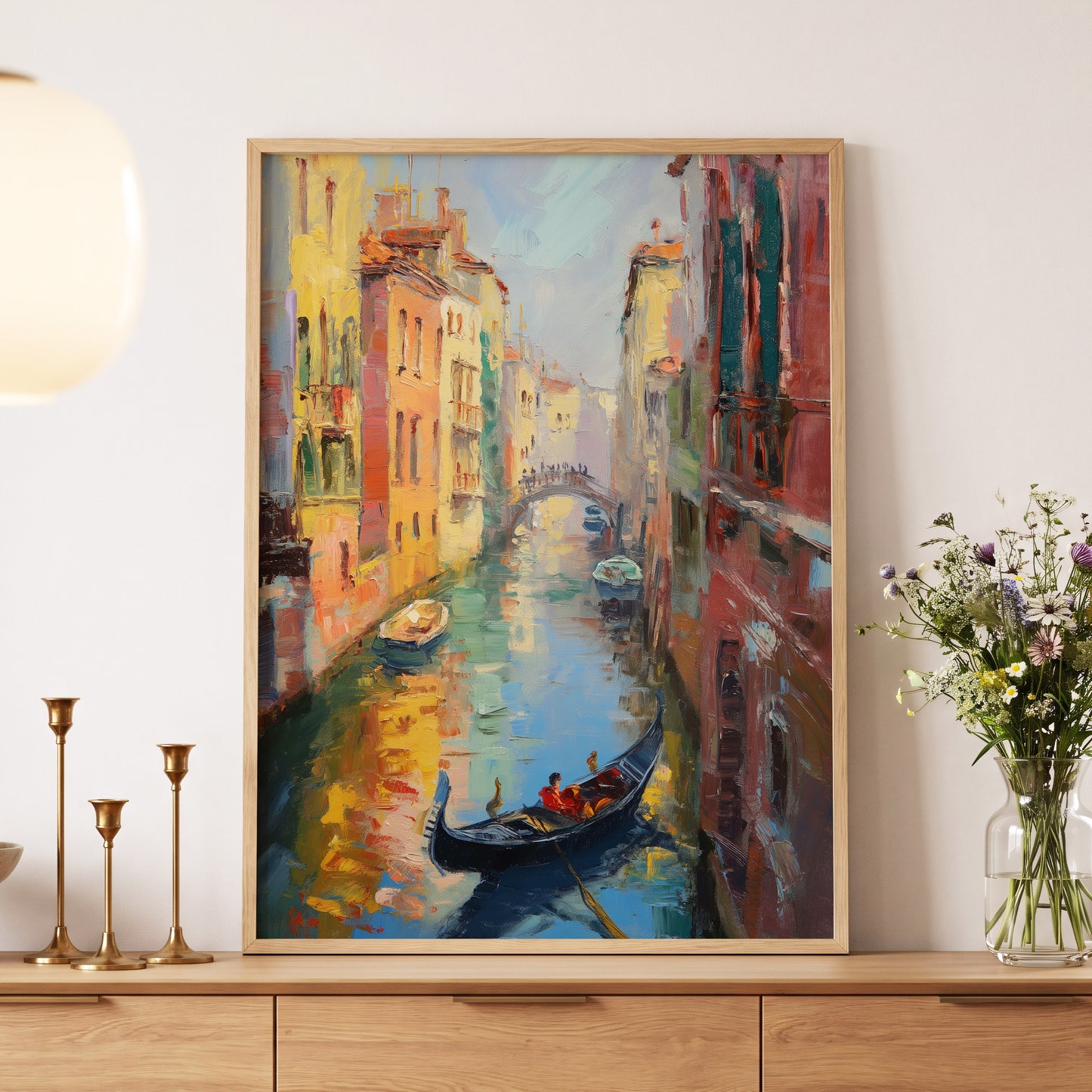 Golden Canal Passage, blue, orange, brown abstract wall art displayed in a styled interior, gallery view 5