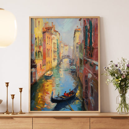 Golden Canal Passage, blue, orange, brown abstract wall art displayed in a styled interior, gallery view 5