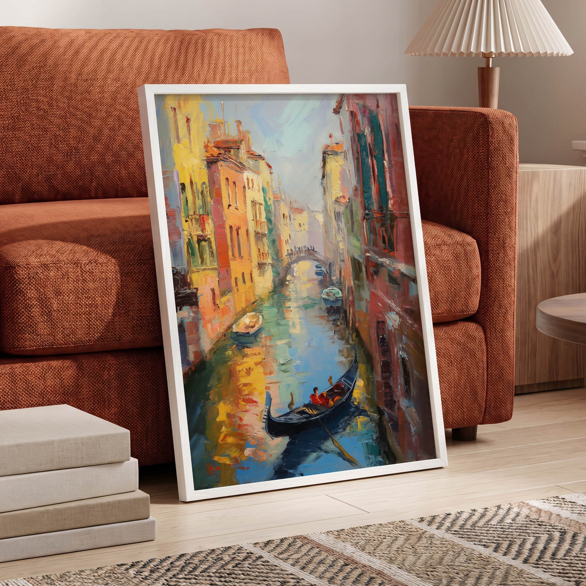 Golden Canal Passage, blue, orange, brown abstract wall art displayed in a styled interior, gallery view 6