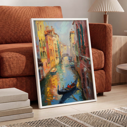 Golden Canal Passage, blue, orange, brown abstract wall art displayed in a styled interior, gallery view 6