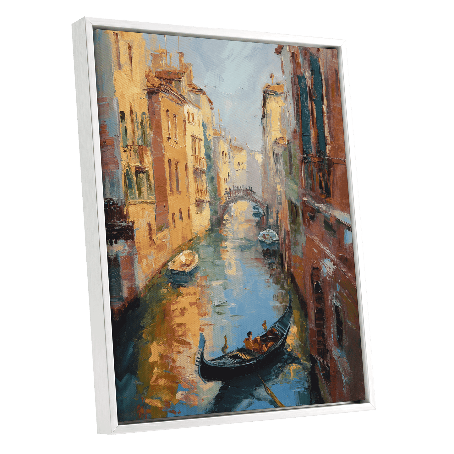 Golden Canal Passage, blue, orange, brown abstract wall art shown as a white framed canvas wall art