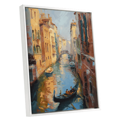 Golden Canal Passage, blue, orange, brown abstract wall art shown as a white framed canvas wall art