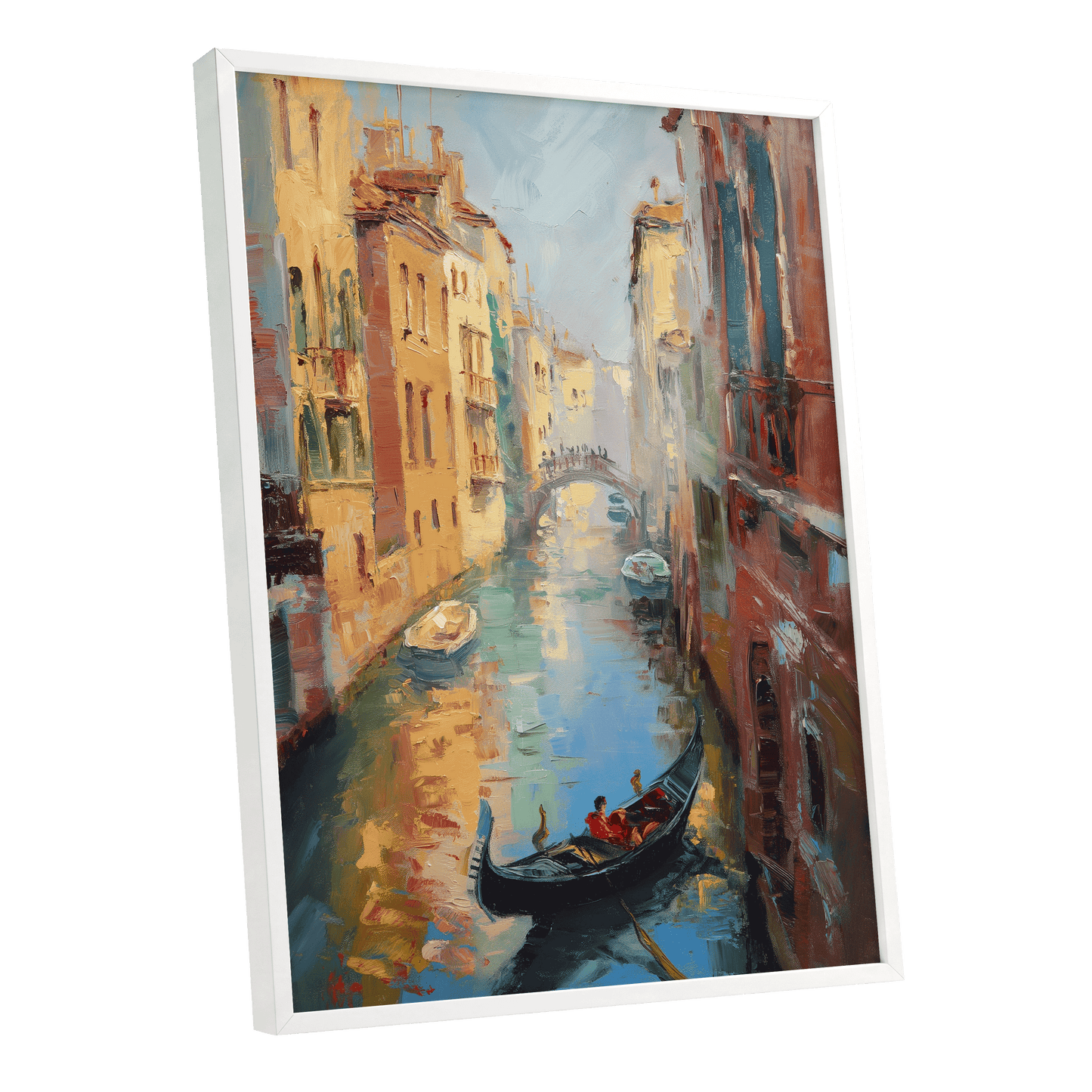 Golden Canal Passage, blue, orange, brown abstract wall art shown as a white framed poster wall art print