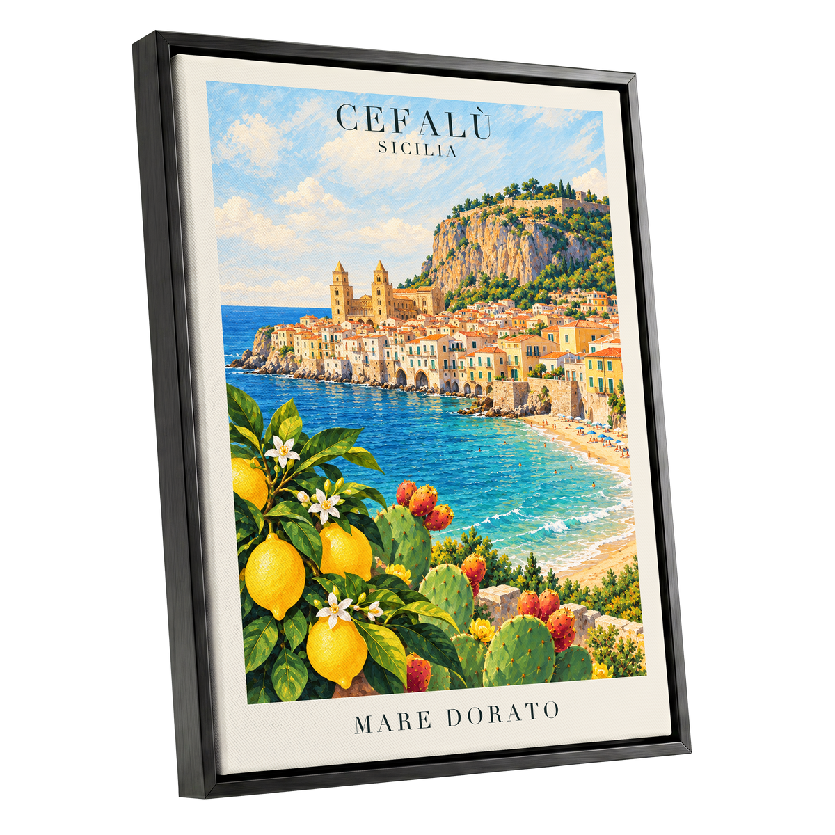 Golden Cefalù Coast, blue, green, yellow nature wall art shown as a black framed canvas wall art