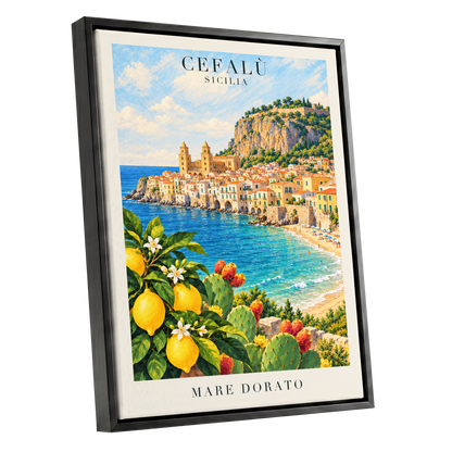 Golden Cefalù Coast, blue, green, yellow nature wall art shown as a black framed canvas wall art