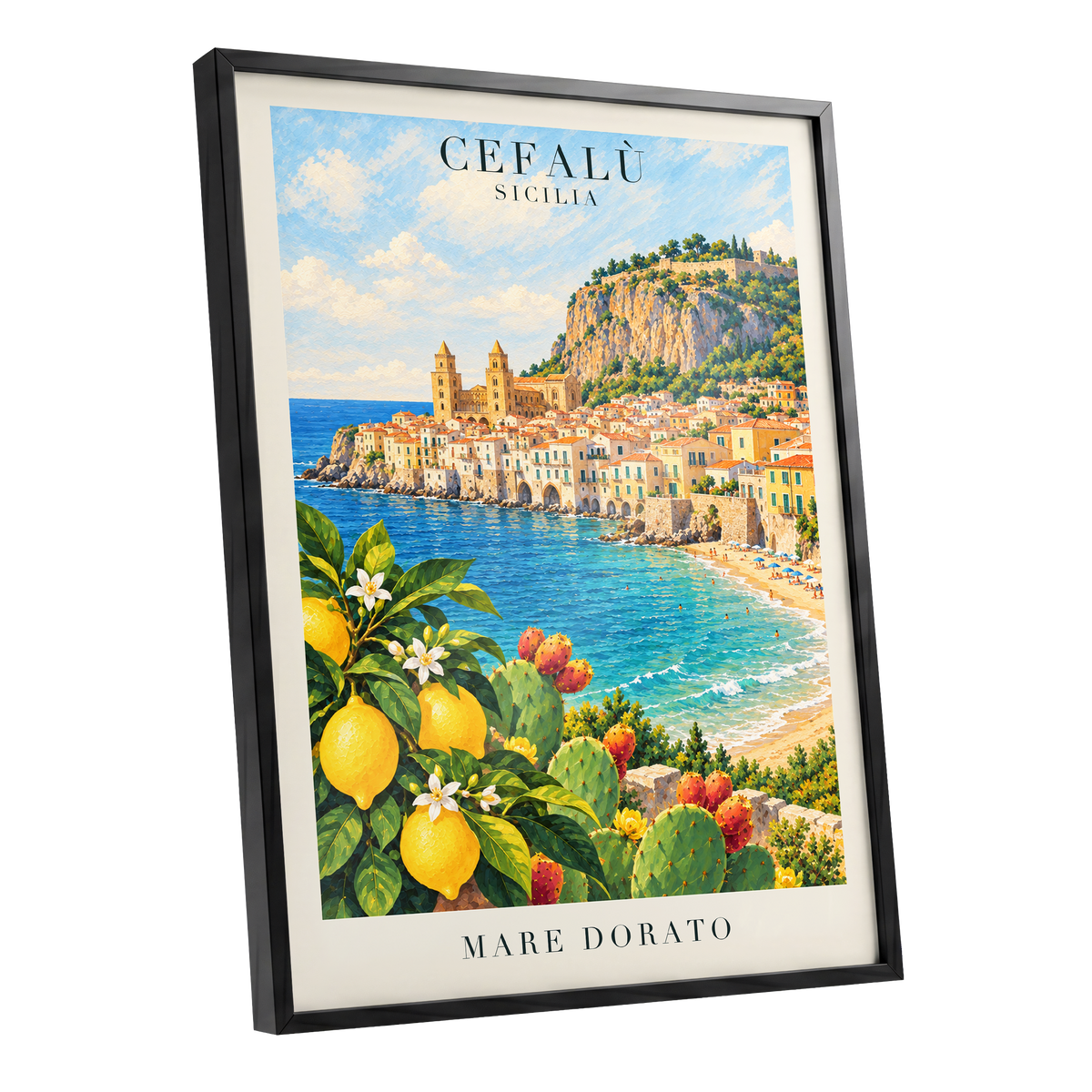 Golden Cefalù Coast, blue, green, yellow nature wall art shown as a black framed poster wall art print