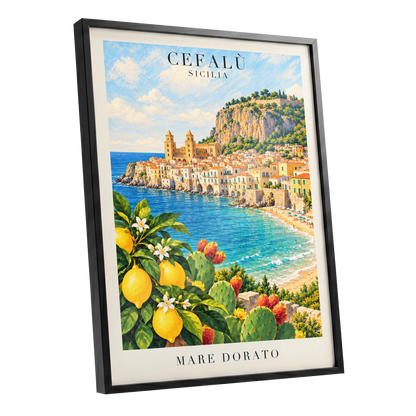 Golden Cefalù Coast, blue, green, yellow nature wall art shown as a black framed poster wall art print