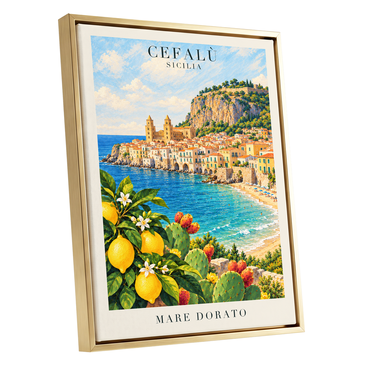 Golden Cefalù Coast, blue, green, yellow nature wall art shown as a gold framed canvas wall art