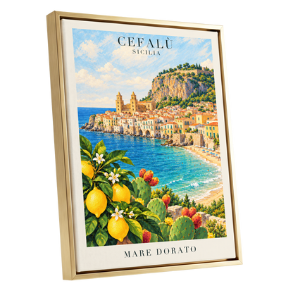 Golden Cefalù Coast, blue, green, yellow nature wall art shown as a gold framed canvas wall art