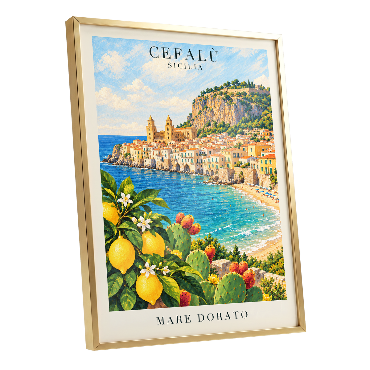 Golden Cefalù Coast, blue, green, yellow nature wall art shown as a gold framed poster wall art print