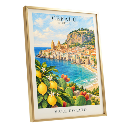 Golden Cefalù Coast, blue, green, yellow nature wall art shown as a gold framed poster wall art print