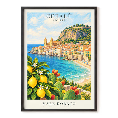 Golden Cefalù Coast, blue, green, yellow nature wall art, front artwork view