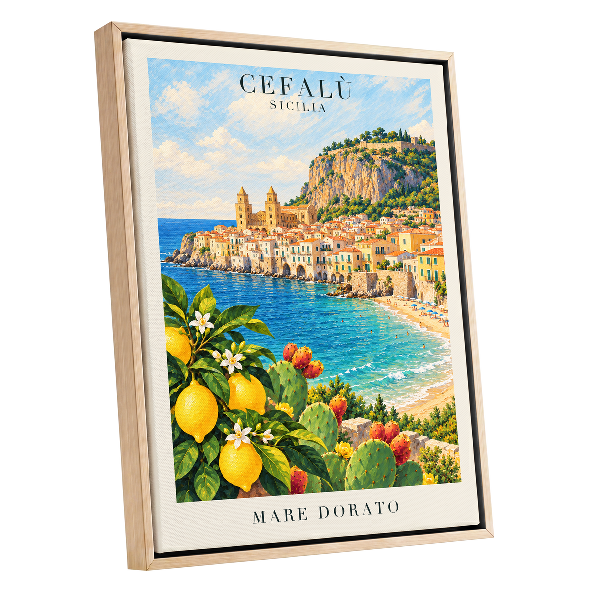 Golden Cefalù Coast, blue, green, yellow nature wall art shown as a oak framed canvas wall art