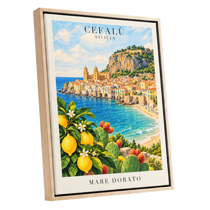 Golden Cefalù Coast, blue, green, yellow nature wall art shown as a oak framed canvas wall art