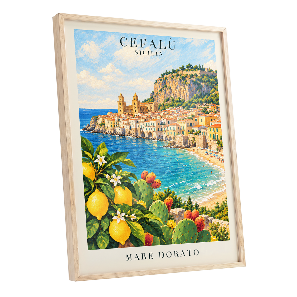 Golden Cefalù Coast, blue, green, yellow nature wall art shown as a oak framed poster wall art print