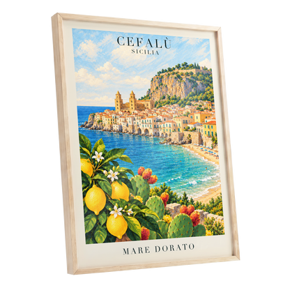 Golden Cefalù Coast, blue, green, yellow nature wall art shown as a oak framed poster wall art print