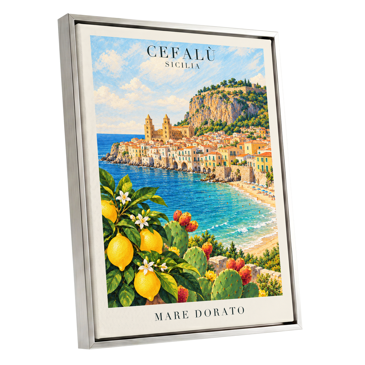 Golden Cefalù Coast, blue, green, yellow nature wall art shown as a silver framed canvas wall art