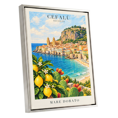 Golden Cefalù Coast, blue, green, yellow nature wall art shown as a silver framed canvas wall art