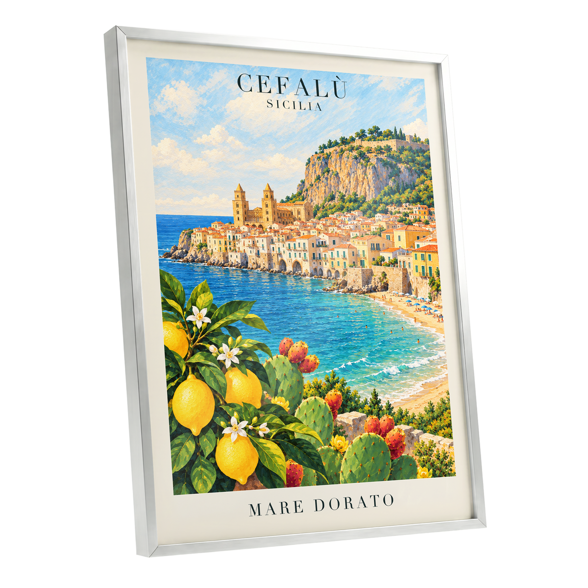 Golden Cefalù Coast, blue, green, yellow nature wall art shown as a silver framed poster wall art print