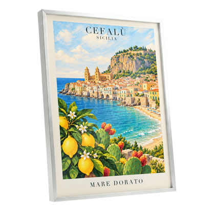Golden Cefalù Coast, blue, green, yellow nature wall art shown as a silver framed poster wall art print