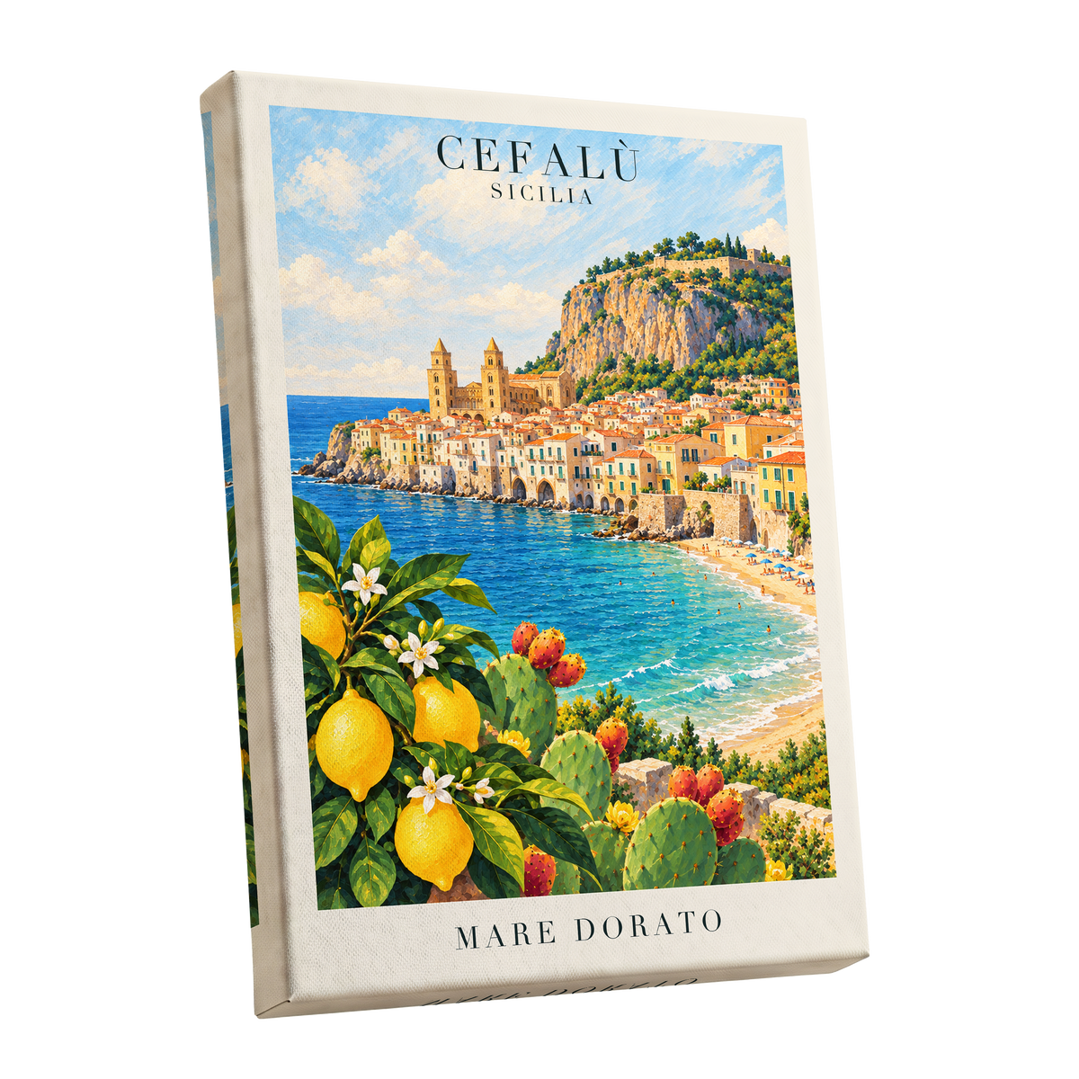 Golden Cefalù Coast, blue, green, yellow nature wall art shown as a stretched canvas wall art