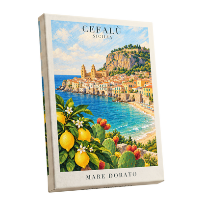 Golden Cefalù Coast, blue, green, yellow nature wall art shown as a stretched canvas wall art