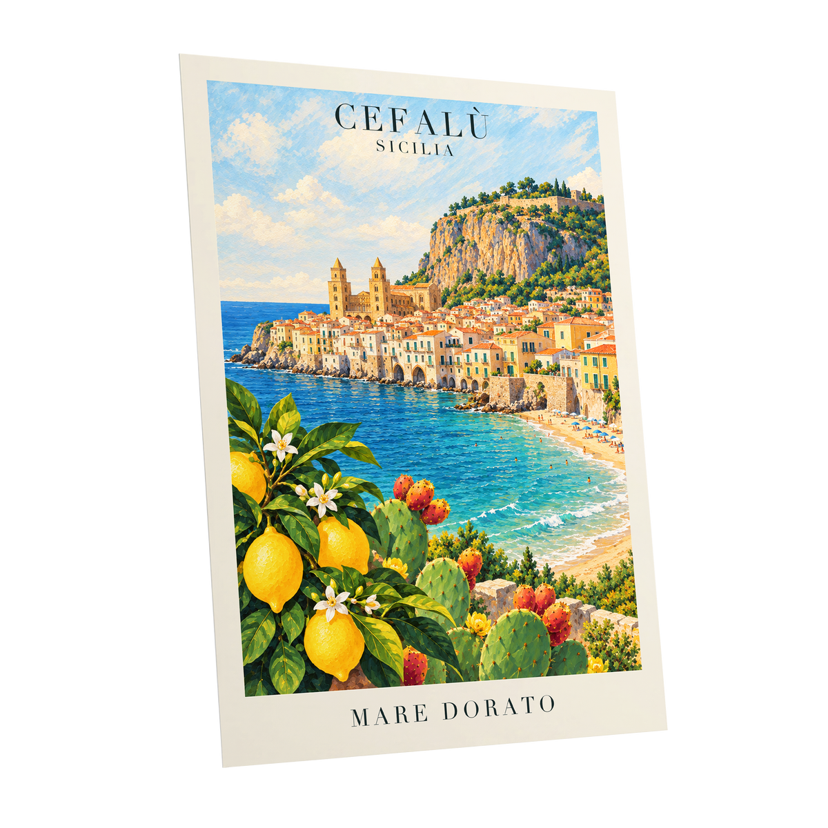 Golden Cefalù Coast, blue, green, yellow nature wall art shown as a unframed poster wall art print