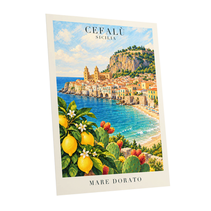Golden Cefalù Coast, blue, green, yellow nature wall art shown as a unframed poster wall art print