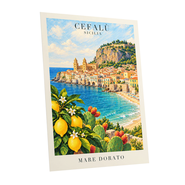 Golden Cefalù Coast, blue, green, yellow nature wall art shown as a unframed poster wall art print