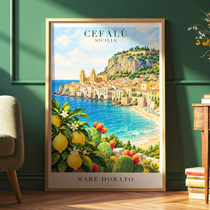 Golden Cefalù Coast, blue, green, yellow nature wall art displayed in a styled interior, gallery view 2