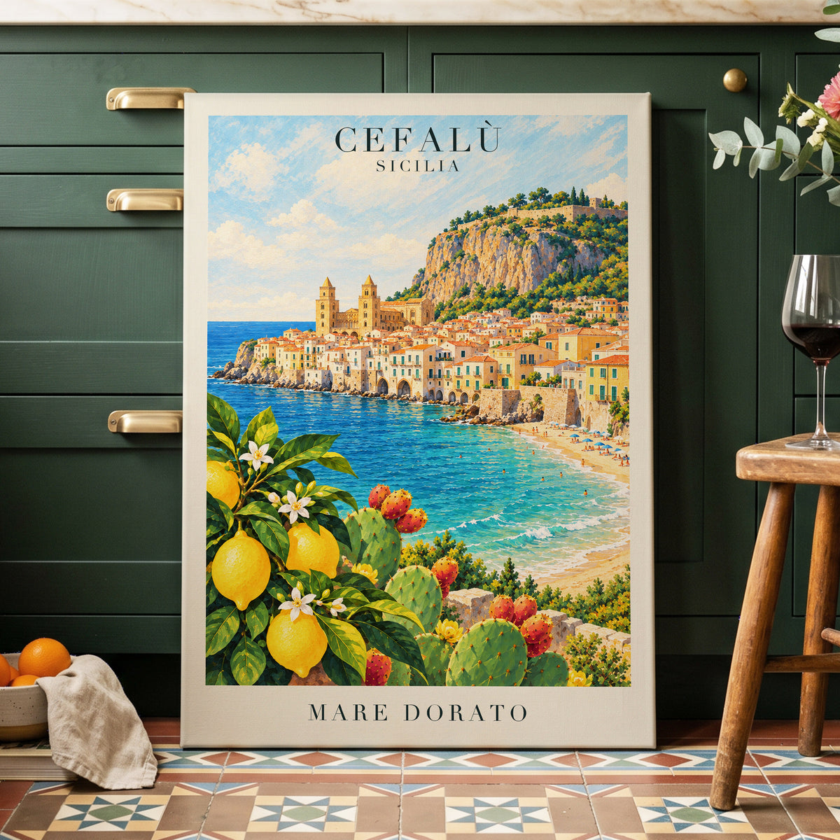 Golden Cefalù Coast, blue, green, yellow nature wall art displayed in a styled interior, gallery view 3
