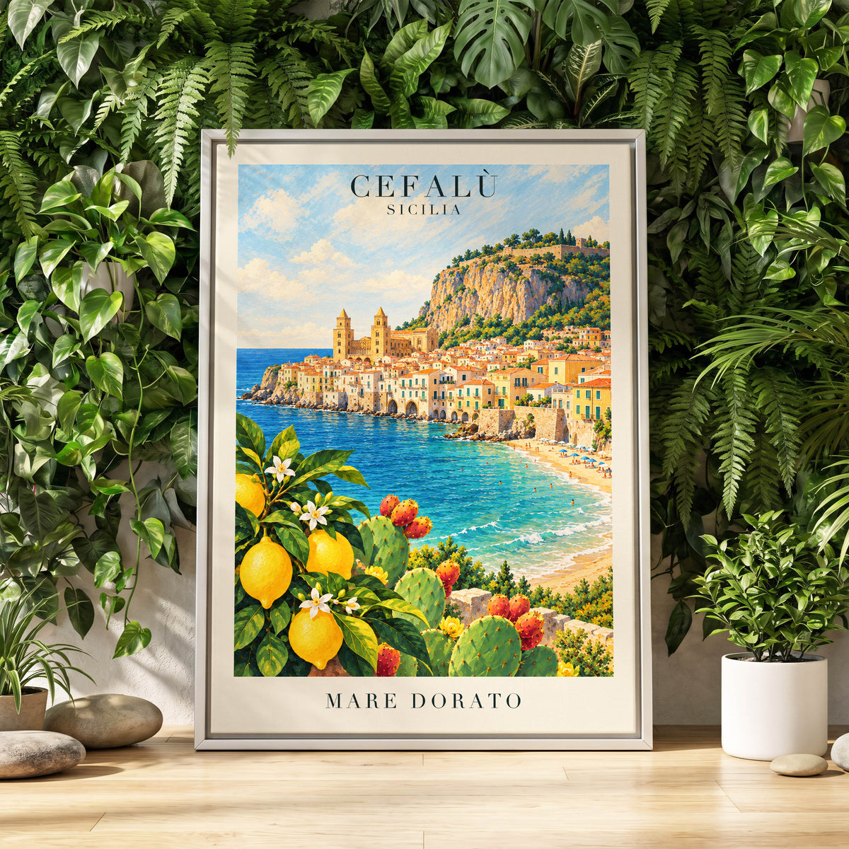 Golden Cefalù Coast, blue, green, yellow nature wall art displayed in a styled interior, gallery view 4