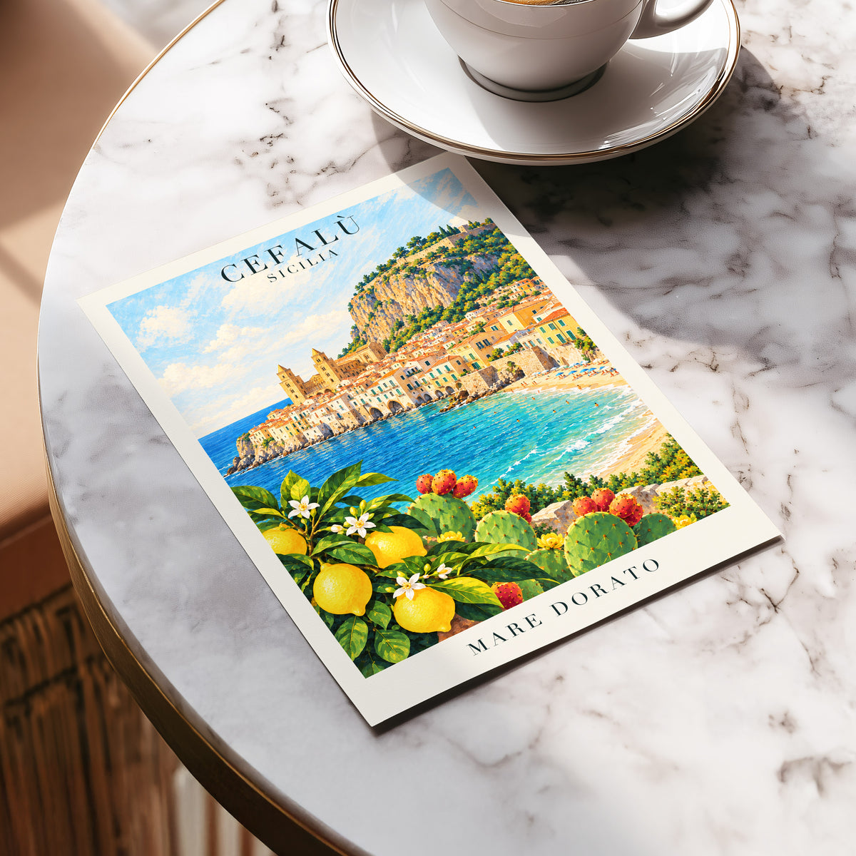 Golden Cefalù Coast, blue, green, yellow nature wall art displayed in a styled interior, gallery view 5