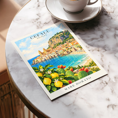 Golden Cefalù Coast, blue, green, yellow nature wall art displayed in a styled interior, gallery view 5