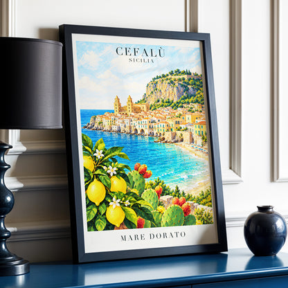 Golden Cefalù Coast, blue, green, yellow nature wall art displayed in a styled interior, gallery view 6
