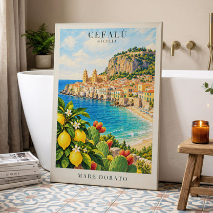 Golden Cefalù Coast, blue, green, yellow nature wall art displayed in a styled interior, gallery view 7