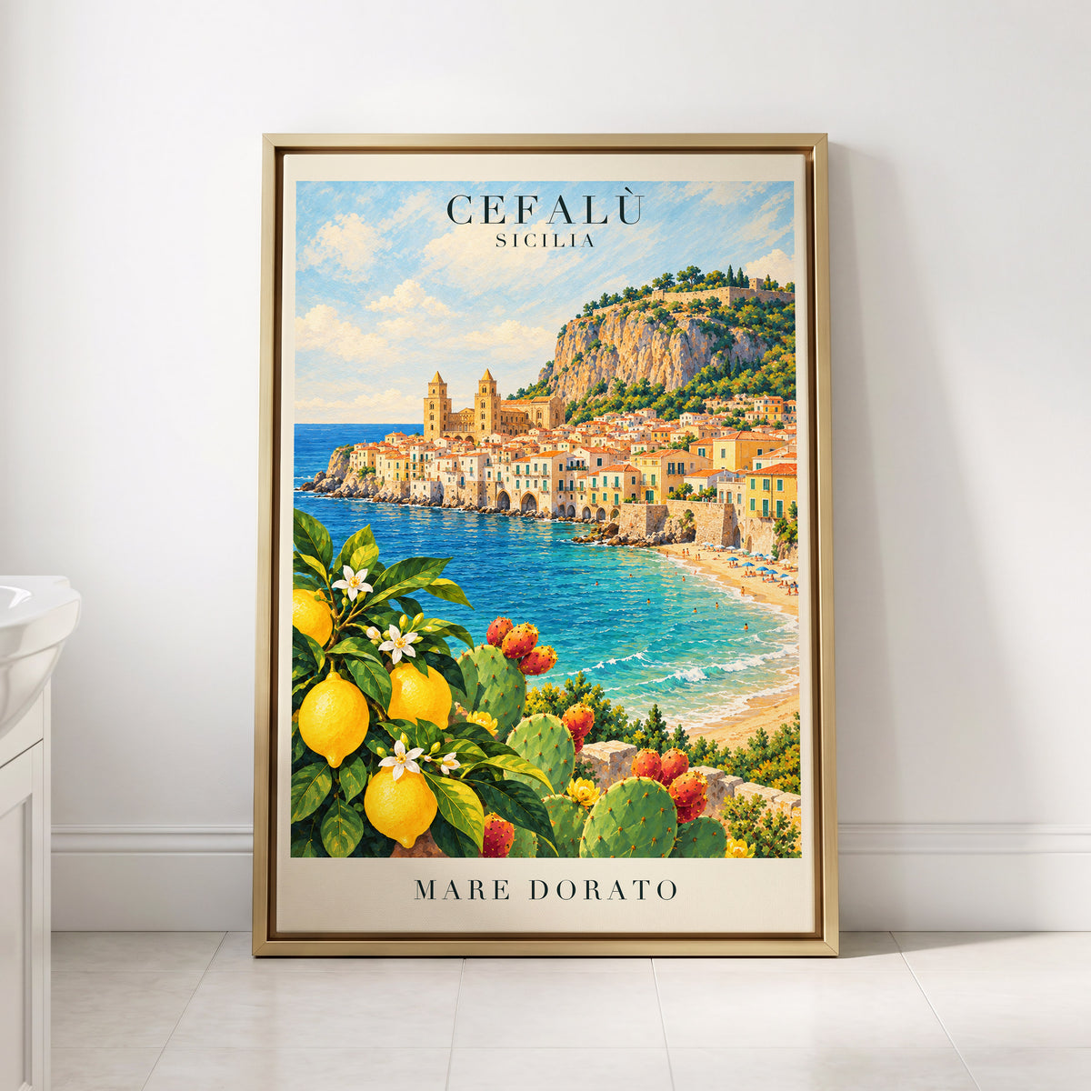 Golden Cefalù Coast, blue, green, yellow nature wall art displayed in a styled interior, gallery view 8