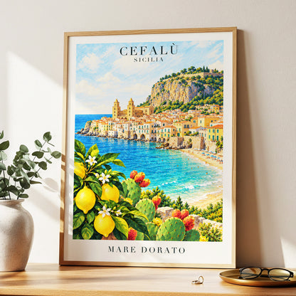 Golden Cefalù Coast, blue, green, yellow nature wall art displayed in a styled interior, gallery view 9