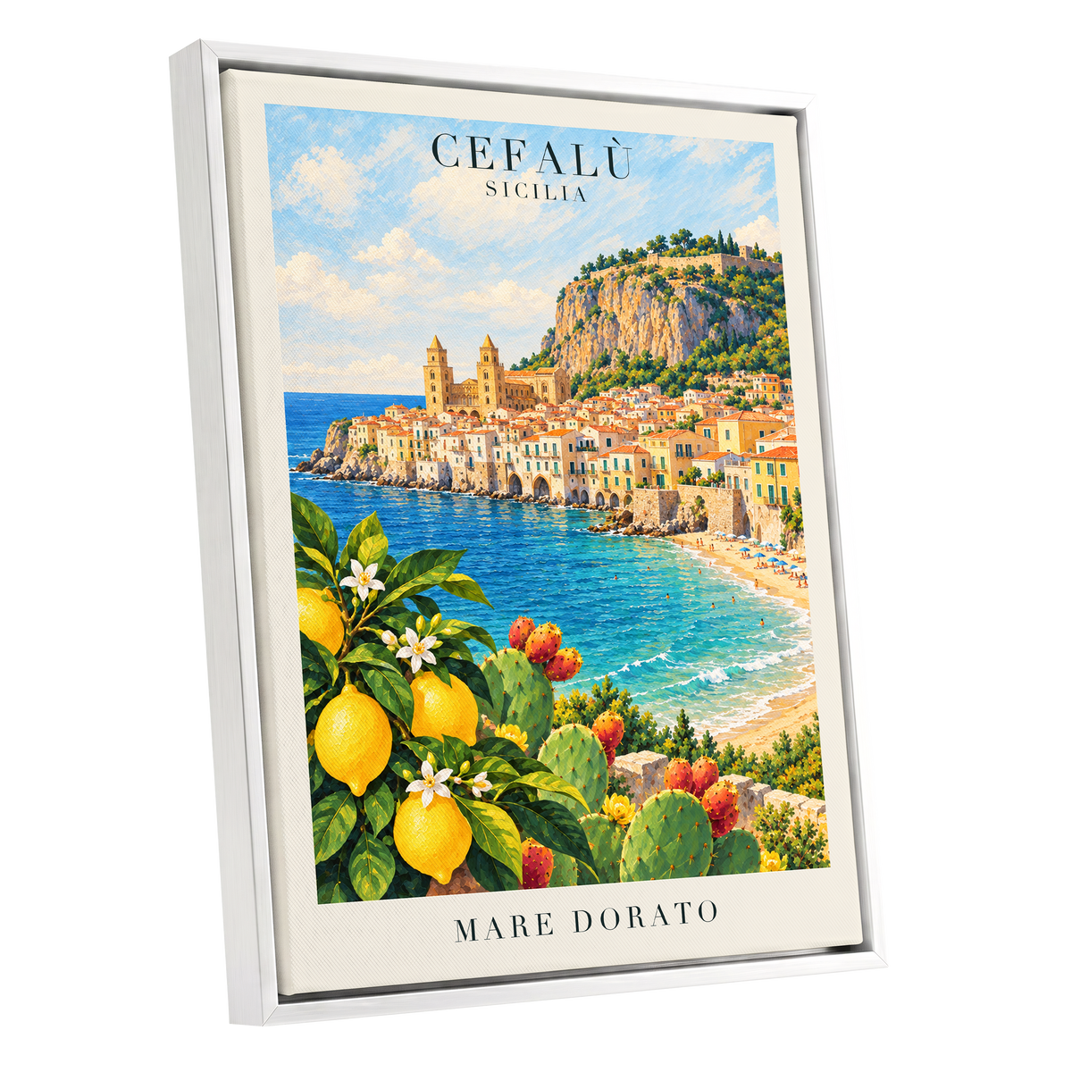 Golden Cefalù Coast, blue, green, yellow nature wall art shown as a white framed canvas wall art