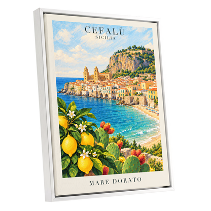 Golden Cefalù Coast, blue, green, yellow nature wall art shown as a white framed canvas wall art