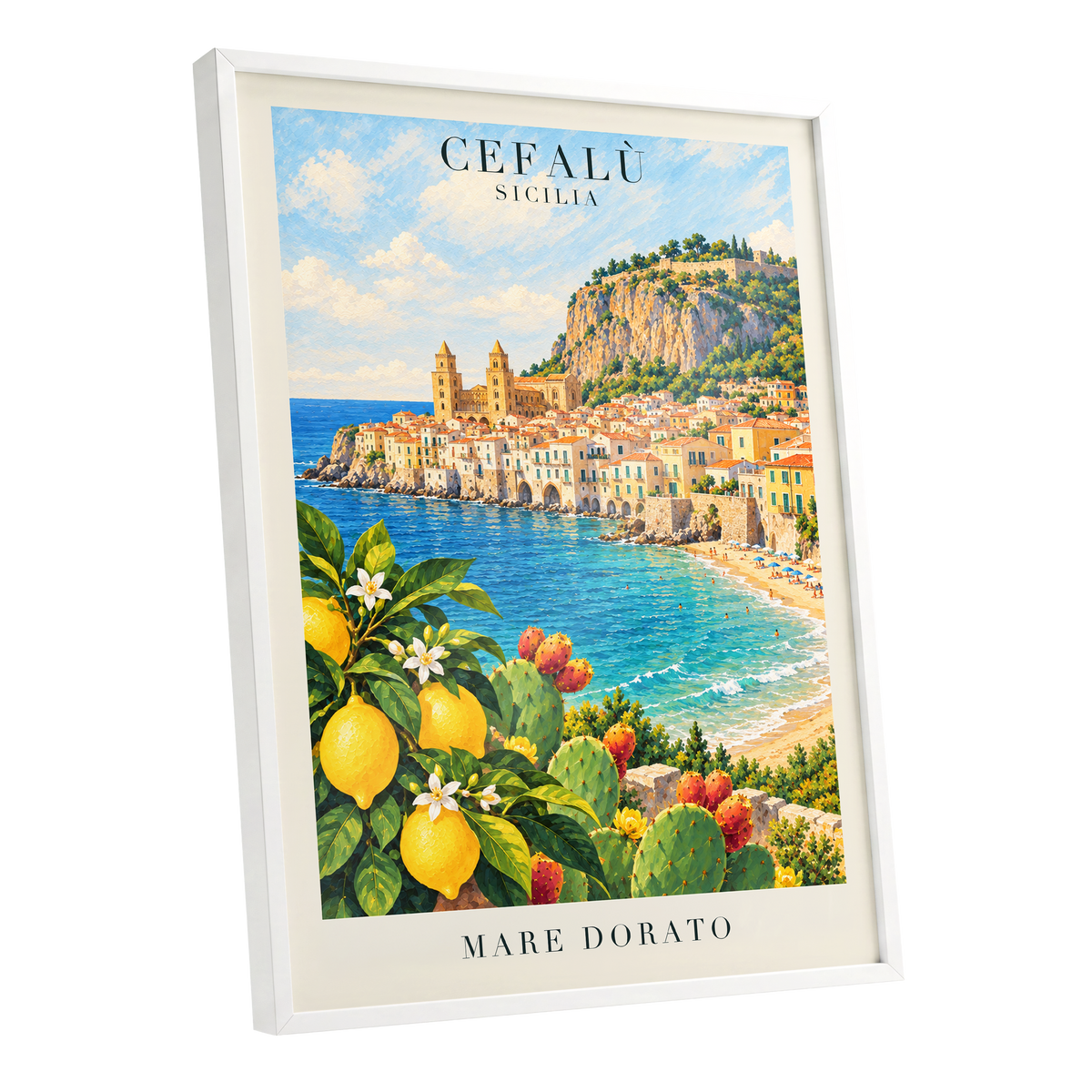 Golden Cefalù Coast, blue, green, yellow nature wall art shown as a white framed poster wall art print