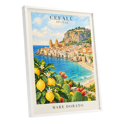Golden Cefalù Coast, blue, green, yellow nature wall art shown as a white framed poster wall art print